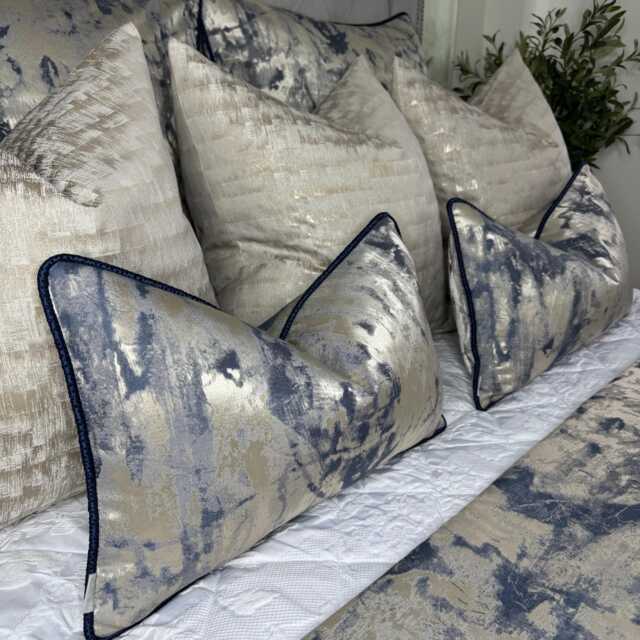 Luxury Piped Pillow , Cushion Cover Throw Navy Blue Metallic Gold Clarke &clarke Tessere Midnight Fabric, Piping - image 1