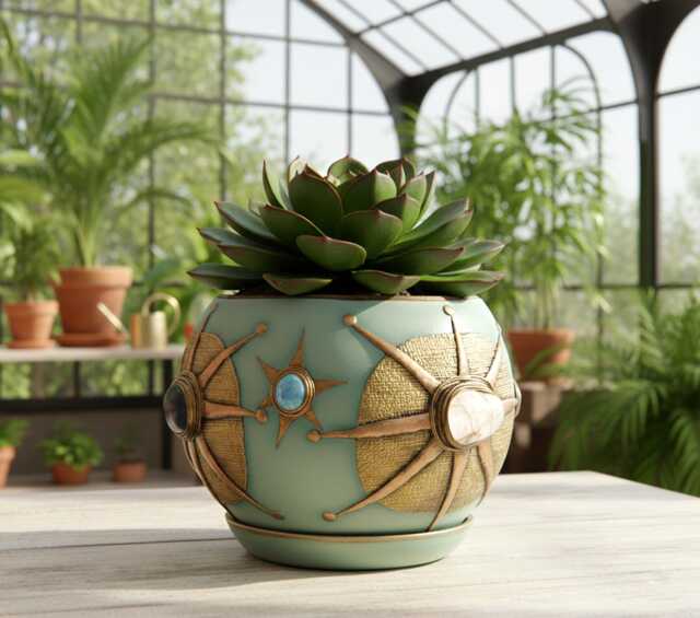 Large Hand Painted Ceramic Plant Pot With Tray, 7 Inch Celestial Sun Planter Whimsical Eclectic Home Decor Turquoise Mixed Media Pottery - image 1
