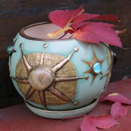 Large Hand Painted Ceramic Plant Pot With Tray, 7 Inch Celestial Sun Planter Whimsical Eclectic Home Decor Turquoise Mixed Media Pottery - thumbnail 3