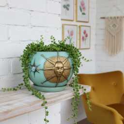 Large Hand Painted Ceramic Plant Pot With Tray, 7 Inch Celestial Sun Planter Whimsical Eclectic Home Decor Turquoise Mixed Media Pottery - thumbnail 4