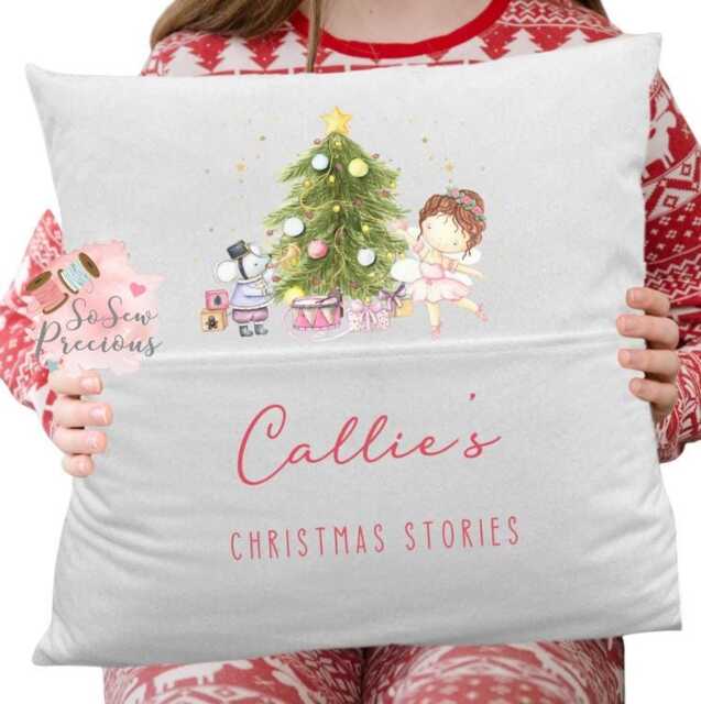 Personalised Pink Christmas Fairy Reading Pocket Cushion, Personalized Kids Gift , Story Book Cushion Christmas
