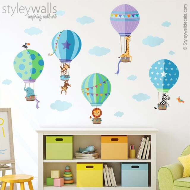 Hot Air Balloons Wall Decal, Jungle Animals With Safari Sticker, Boy Room Baby Nursery Decor - image 1