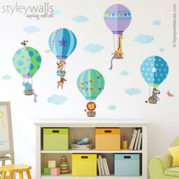 Hot Air Balloons Wall Decal, Jungle Animals With Safari Sticker, Boy Room Baby Nursery Decor - thumbnail 1