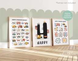 Set Of 3 Personalised Transport Posters, Vehicle Alphabet Print, Cars Chart Boy Bedroom Decor, Playroom Prints, Scandi Kids Ar - thumbnail 1