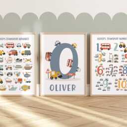 Set Of 3 Personalised Transport Posters, Vehicle Alphabet Print, Cars Chart Boy Bedroom Decor, Playroom Prints, Scandi Kids Ar - thumbnail 2