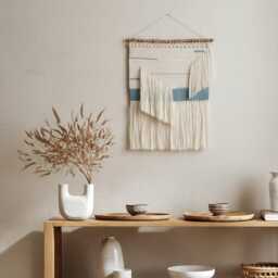 Neutral Woven Wall Hanging, Coastal Farmhouse Decor, Blue Tapestry - thumbnail 3