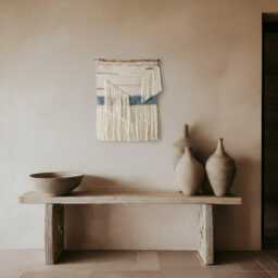 Neutral Woven Wall Hanging, Coastal Farmhouse Decor, Blue Tapestry - thumbnail 2