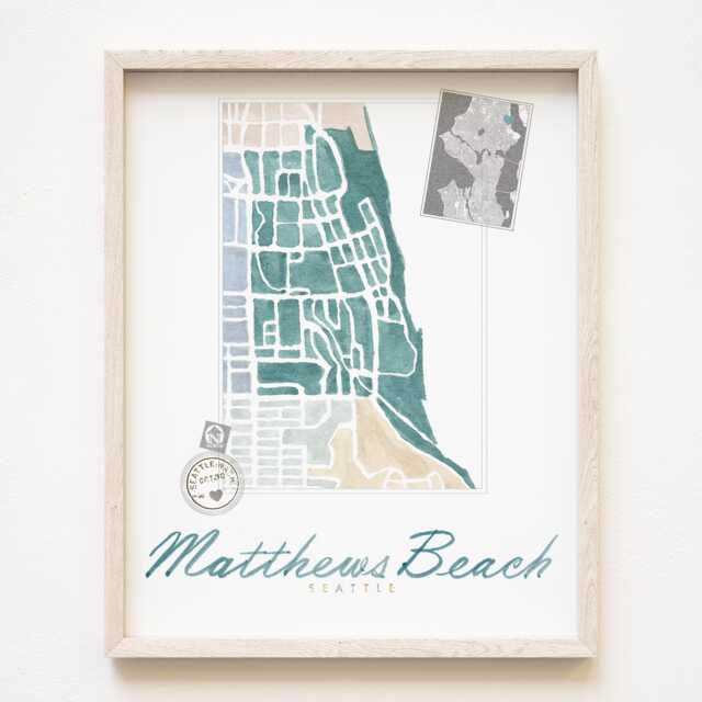 Matthews Beach Seattle Neighborhood Map Watercolor Print Washington City Block Plan - Art Print Downtown Wall Realtor Gift Local - image 1