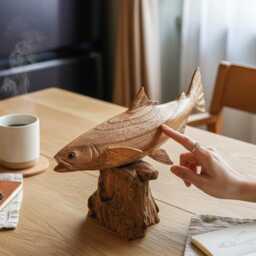 Wooden Fish Statue 12 Inch/30 cm Width, Table Decor, Statue, Nature Sculpture, Living Room, Home Room Gift For Her - thumbnail 2