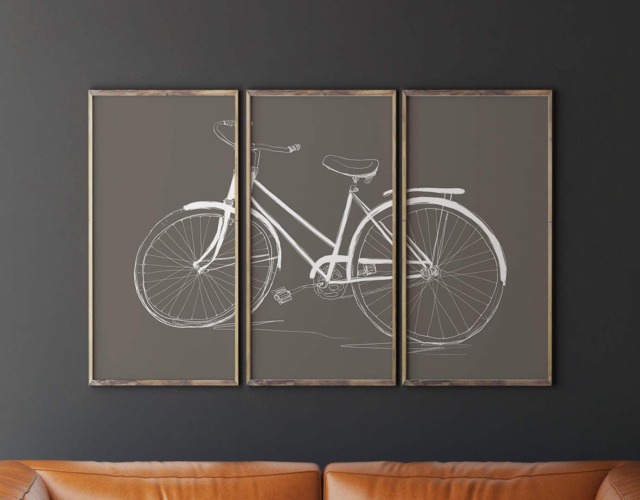 Printable Bicycle Art, Wall Triptych, Taupe Living Room Decor, Art - image 1