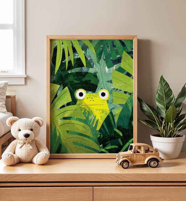 Frog Jungle Nursery Art Print, Modern Kids Wall Art, Green Botanical Illustration, Whimsical Animal Poster, Playroom Nature Decor - image 1