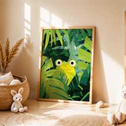 Frog Jungle Nursery Art Print, Modern Kids Wall Art, Green Botanical Illustration, Whimsical Animal Poster, Playroom Nature Decor - thumbnail 3