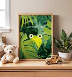 Frog Jungle Nursery Art Print, Modern Kids Wall Art, Green Botanical Illustration, Whimsical Animal Poster, Playroom Nature Decor - thumbnail 1
