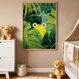 Frog Jungle Nursery Art Print, Modern Kids Wall Art, Green Botanical Illustration, Whimsical Animal Poster, Playroom Nature Decor - thumbnail 2