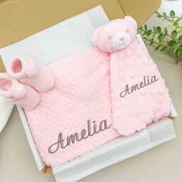 Embroidered Pink Blanket Or Teddy Comforter - Personalised Wrap & Booties Gift Set - New Baby Girl Babyshower Newborn - thumbnail 2