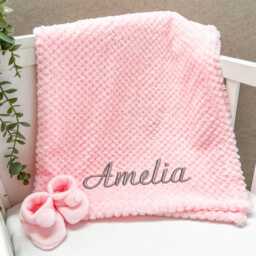 Embroidered Pink Blanket Or Teddy Comforter - Personalised Wrap & Booties Gift Set - New Baby Girl Babyshower Newborn - thumbnail 3
