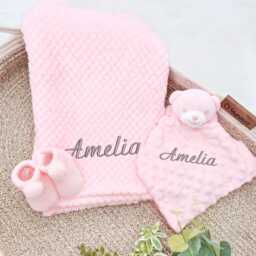 Embroidered Pink Blanket Or Teddy Comforter - Personalised Wrap & Booties Gift Set - New Baby Girl Babyshower Newborn - thumbnail 1
