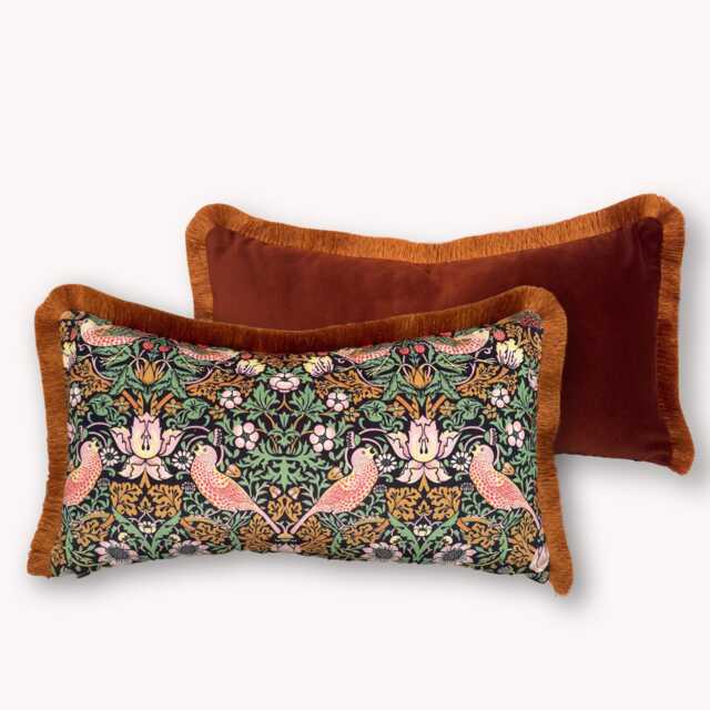 Velvet William Morris Strawberry Thief Cushion Cover With Terracotta Fringe Accent Pillow Mid Century Design - All Sizes - image 1