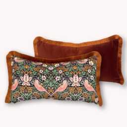 Velvet William Morris Strawberry Thief Cushion Cover With Terracotta Fringe Accent Pillow Mid Century Design - All Sizes