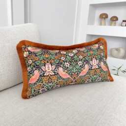 Velvet William Morris Strawberry Thief Cushion Cover With Terracotta Fringe Accent Pillow Mid Century Design - All Sizes - thumbnail 3