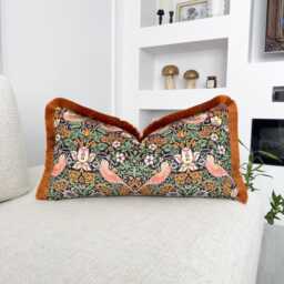 Velvet William Morris Strawberry Thief Cushion Cover With Terracotta Fringe Accent Pillow Mid Century Design - All Sizes - thumbnail 2