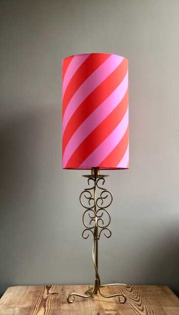 Tall Table Lamp With A Gold-Colored Metal Stand. Handmade Shade in Fuchsia & Red - image 1