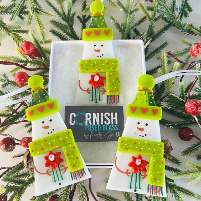 Cute Fused Glass Christmas Snowman Decoration - Unique Decoration, Fused Glass Cornwall, Cornish - image 1