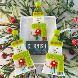 Cute Fused Glass Christmas Snowman Decoration - Unique Decoration, Fused Glass Cornwall, Cornish - thumbnail 2