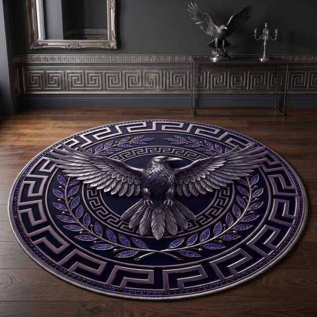 Silver Raven Round Area Rug, Gothic Greek Key Border Mat, Dark Academia Home Decor - image 1