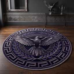 Silver Raven Round Area Rug, Gothic Greek Key Border Mat, Dark Academia Home Decor - thumbnail 1