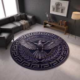 Silver Raven Round Area Rug, Gothic Greek Key Border Mat, Dark Academia Home Decor - thumbnail 3