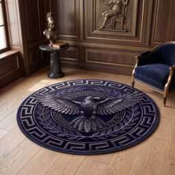 Silver Raven Round Area Rug, Gothic Greek Key Border Mat, Dark Academia Home Decor - thumbnail 2
