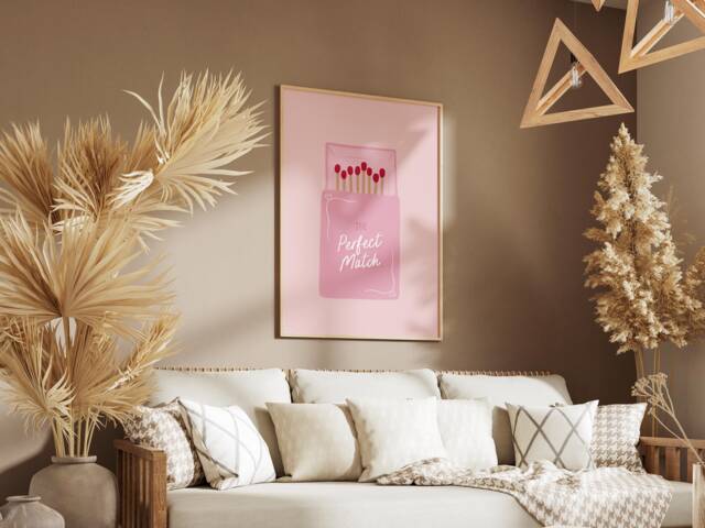 The Perfect Match Print, Pink Wall Decor Art, Aesthetic Coquette Girly Illustration, Trendy Bedroom Poster, Match Box, Valentines Gift - image 1