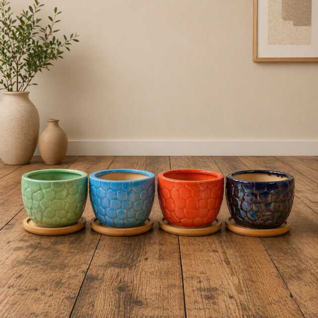 Ceramic Gloss Succulent Planters With Bamboo Coaster/Small Desktop Plant Pot Indoor Office Home Gift Idea - image 1