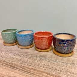 Ceramic Gloss Succulent Planters With Bamboo Coaster/Small Desktop Plant Pot Indoor Office Home Gift Idea - thumbnail 3