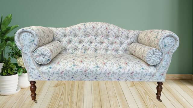 Small Occasional Sofa Seat in A Small Floral Leaf Print On White. Aqua, Pink Green, Purple, Blue. Matching Chair &stool Available - image 1