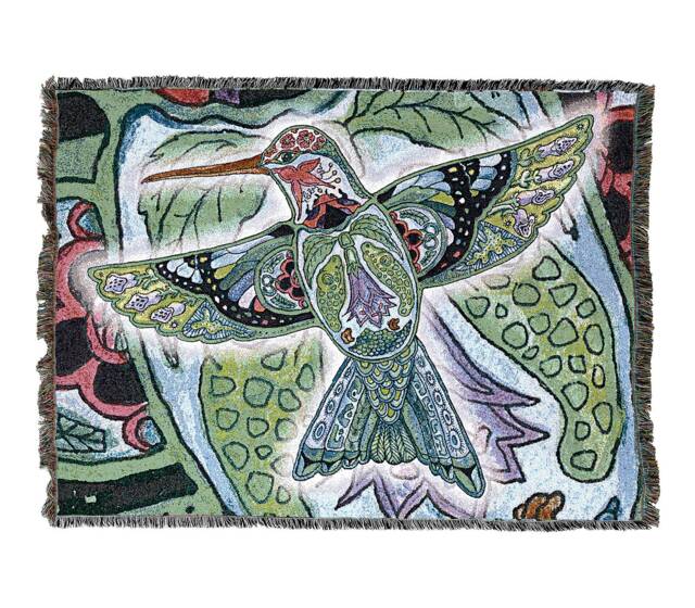 Hummingbird Woven Tapestry Blanket, Native American Inspired, Pacific Northwest Totem Throw By Sue Coccia 100% Cotton Made in Usa 72x54 - image 1