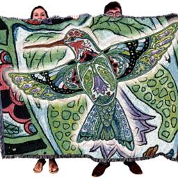 Hummingbird Woven Tapestry Blanket, Native American Inspired, Pacific Northwest Totem Throw By Sue Coccia 100% Cotton Made in Usa 72x54 - thumbnail 3