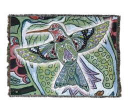 Hummingbird Woven Tapestry Blanket, Native American Inspired, Pacific Northwest Totem Throw By Sue Coccia 100% Cotton Made in Usa 72x54