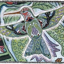 Hummingbird Woven Tapestry Blanket, Native American Inspired, Pacific Northwest Totem Throw By Sue Coccia 100% Cotton Made in Usa 72x54 - thumbnail 2