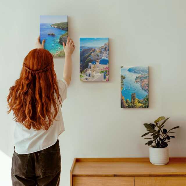 3 Piece Canvas Set - Greek Seaside Views & Santorini Town Of Oia, Blue Print, Landscapes Wall Decor - image 1