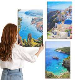 3 Piece Canvas Set - Greek Seaside Views & Santorini Town Of Oia, Blue Print, Landscapes Wall Decor - thumbnail 3