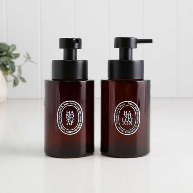 Set Of 2 Amber Glass Dispensers With White Oval Labels - 250Ml Refillable Pump Bottles Hand Soap & Lotion Sustainable Bathroom - image 1