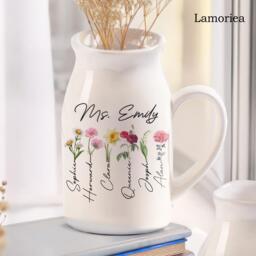 Custom Flower Vase Ceramic, Birthflower Vase, With Handle, Grandma Garden, Garden Decor, Gifts, Moms Gift For Her - thumbnail 1