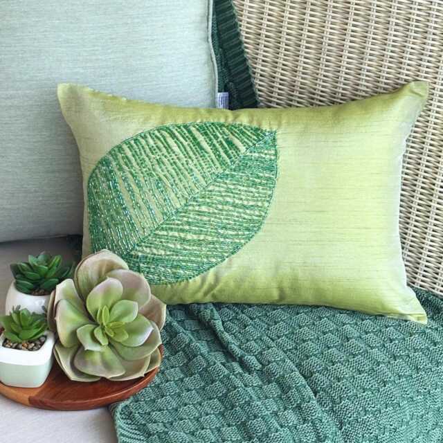 Contemporary Lumbar Pillow Covers 12x16 Silk Beaded Embroidery Decorative Oblong Cushion Cover Accent Pillows For Couch & Sofa - Green Leaf - image 1