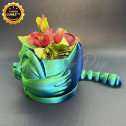 3D Printed Cat Head Planter With Articulated Tail - thumbnail 3