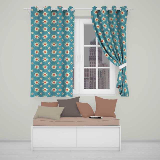 Abstract Starburst Pattern Teal Background Mid Century Seamless Readymade Eyelet Ring Top Thermal 100% Blackout Curtains - image 1