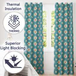 Abstract Starburst Pattern Teal Background Mid Century Seamless Readymade Eyelet Ring Top Thermal 100% Blackout Curtains - thumbnail 3