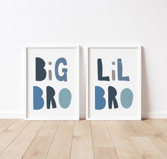 Big Bro, Lil Bro Prints, Brothers Room, Shared Bedroom Wall Art, Siblings, Blue, Navy, Teal, Set Of 2, Children's Decor, Boys Room - image 1