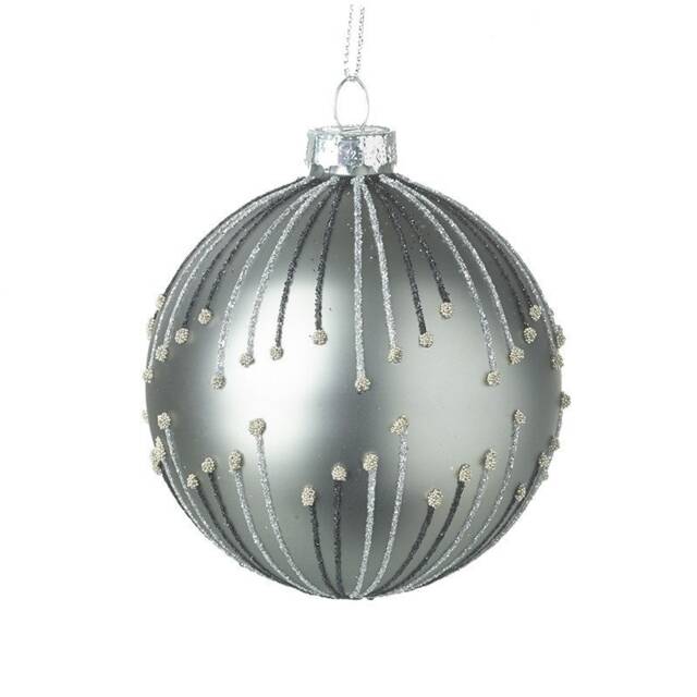 Silver Glass Bauble With Glitter Detail Christmas Tree Decoration - Festive Holiday Ornaments Winter Glitz Glam Shiny Mirror Sparkly Gift